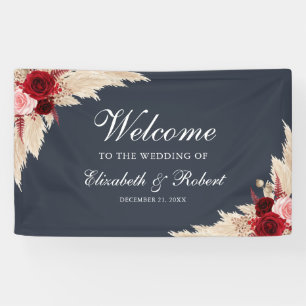 Midnight Blue Bourgondische Rozen Welkom Bruiloft Spandoek