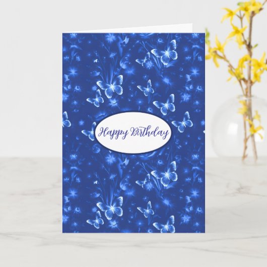 Midnight Blue Butterflies Verjaardag Kaart (Gele Bloem)