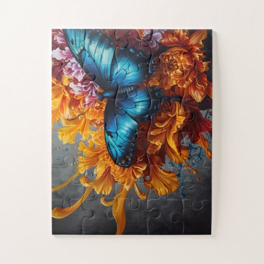 Midnight Blue Butterfly Deep Oranje Flowers Legpuzzel (Verticaal)
