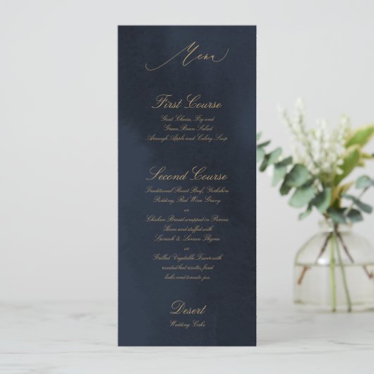 Midnight Blue Calligraphy Wedding Menu Kaart (Staand voorkant)