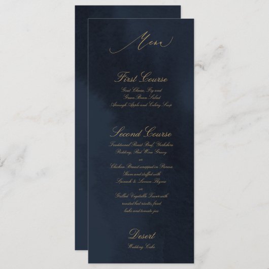 Midnight Blue Calligraphy Wedding Menu Kaart (Voorkant / Achterkant)
