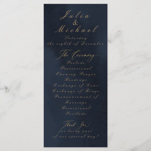 Midnight Blue Calligraphy Wedding Program Kaart (Voorkant)