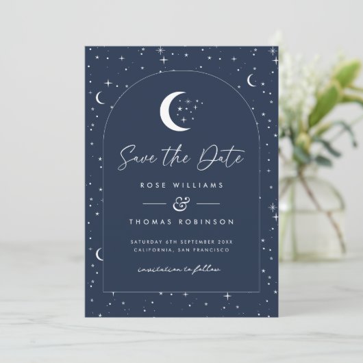 Midnight Blue Celestial Arched Bewaar de datum Save The Date (Staand voorkant)