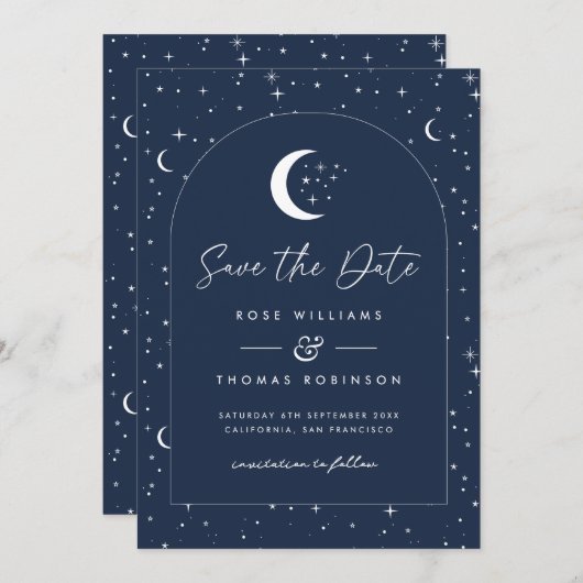 Midnight Blue Celestial Arched Bewaar de datum Save The Date (Voorkant / Achterkant)
