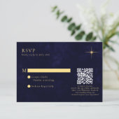 Midnight Blue Celestial Gold Stars Wedding QR-code RSVP Kaartje (Staand voorkant)