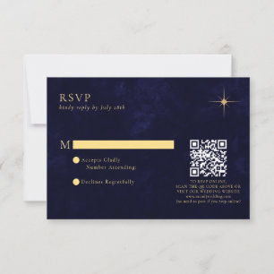 Midnight Blue Celestial Gold Stars Wedding QR-code RSVP Kaartje