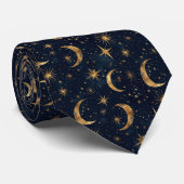 Midnight Blue Celestial Maan en Sterren Stropdas (Opgerold)