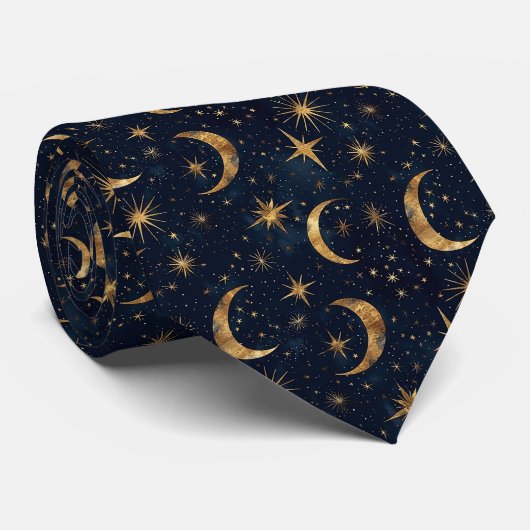 Midnight Blue Celestial Maan en Sterren Stropdas (Opgerold)