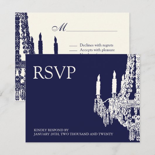 Midnight Blue Chandelier RSVP-kaarten RSVP Kaartje (Voorkant / Achterkant)