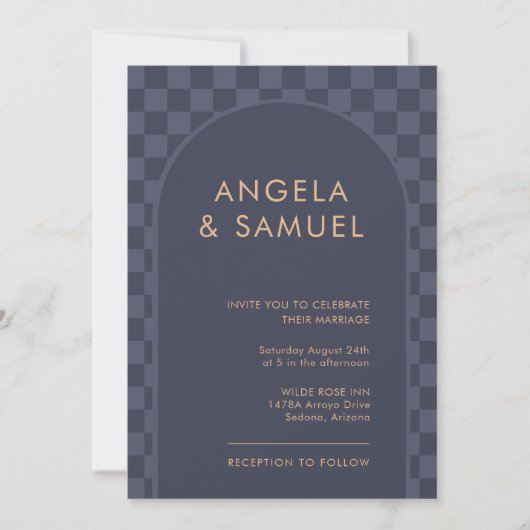 Midnight Blue Checkered Modern Wedding Kaart (Voorkant)