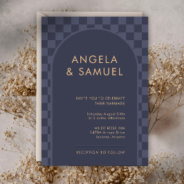 Midnight Blue Checkered Modern Wedding Kaart