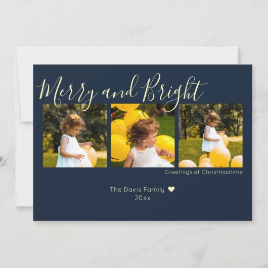 Midnight Blue Christmas Merry and Bright 3 Foto Feestdagenkaart (Voorkant)