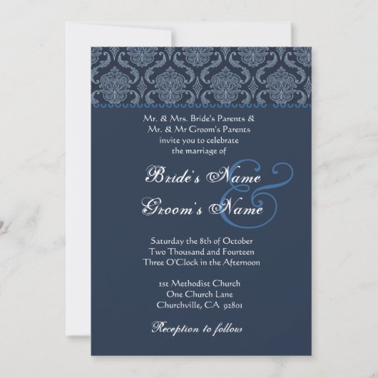Midnight Blue Damask Wedding Kaart (Voorkant)