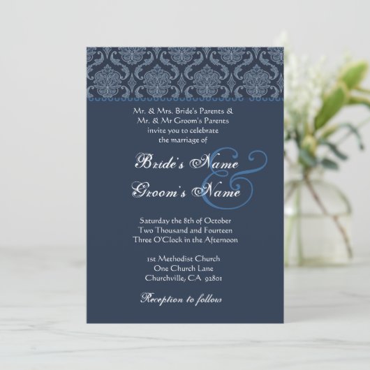 Midnight Blue Damask Wedding Kaart (Staand voorkant)