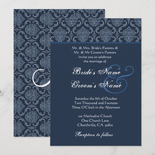 Midnight Blue Damask Wedding Kaart (Voorkant / Achterkant)