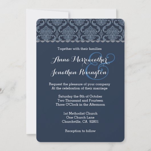 Midnight Blue Damask Wedding V02 Kaart (Voorkant)