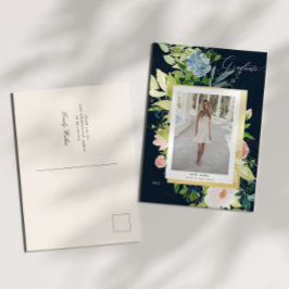 Midnight Blue en Blush Floral Foto Afstuderen Aankondigingskaart