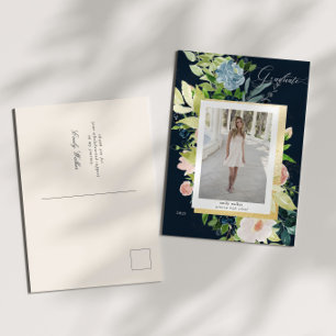 Midnight Blue en Blush Floral Foto Afstuderen Aankondigingskaart