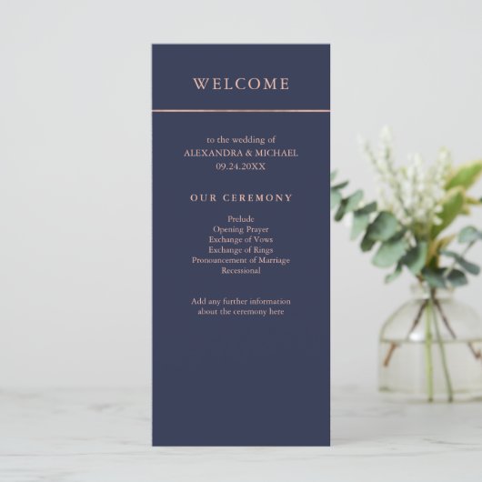 Midnight Blue en Faux Roos Gold Border Program Programmakaart (Staand voorkant)
