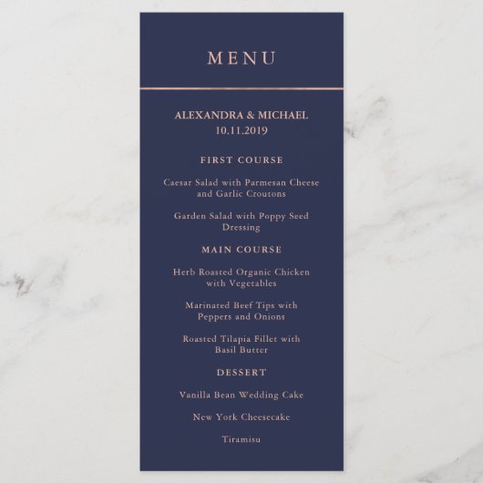 Midnight Blue en Faux Roos Gouden Rand Menu (Voorkant)