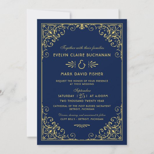  midnight Blue en Gold Art Deco Wedding Kaart (Voorkant)