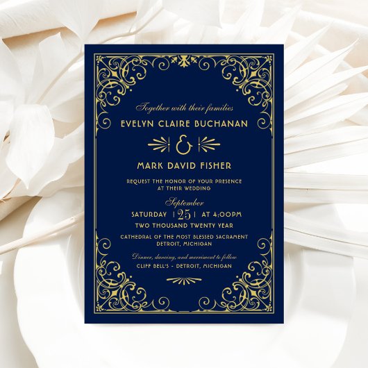 midnight Blue en Gold Art Deco Wedding Kaart
