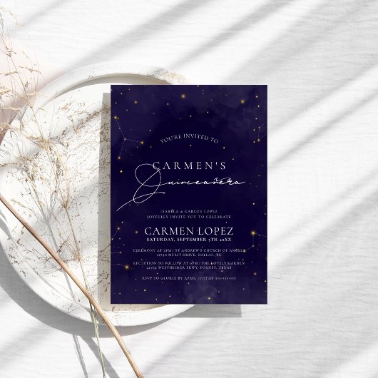 Midnight Blue en Gold Celestial Quinceanera Kaart