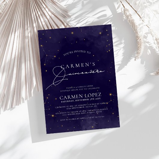 Midnight Blue en Gold Celestial Quinceanera Kaart