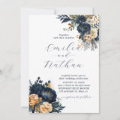Midnight Blue en Gold Floral bruiloft Kaart (Voorkant)