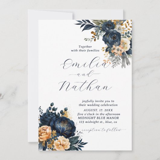 Midnight Blue en Gold Floral bruiloft Kaart (Voorkant)