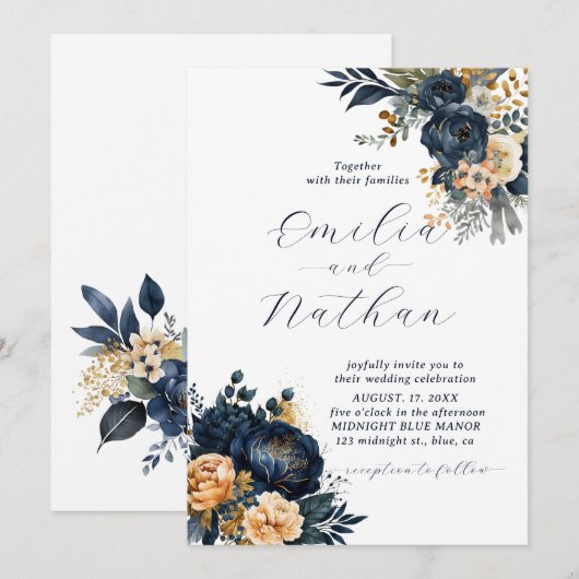Midnight Blue en Gold Floral bruiloft Kaart (Voorkant / Achterkant)