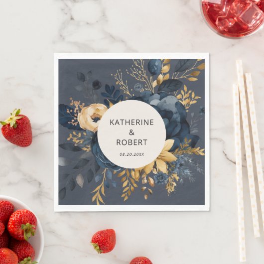 Midnight Blue en Goud Bloemen Trouwpapier Servet (Insitu)