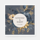 Midnight Blue en Goud Bloemen Trouwpapier Servet (Voorkant)