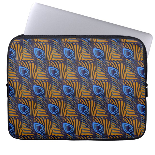 Midnight blue en oranje pauw-vederpatroon laptop sleeve (Voorkant)