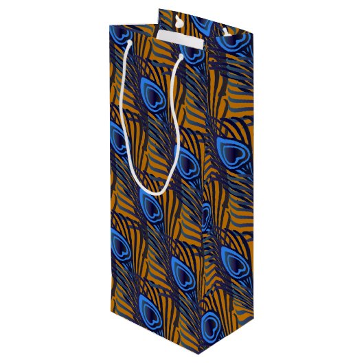 Midnight blue en oranje pauw-vederpatroon wijn cadeautas (Achterkant Gekanteld)