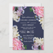 Midnight Blue en Pink Spring Floral Wedding Kaart (Voorkant)