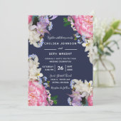 Midnight Blue en Pink Spring Floral Wedding Kaart (Staand voorkant)
