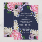 Midnight Blue en Pink Spring Floral Wedding Kaart (Voorkant / Achterkant)