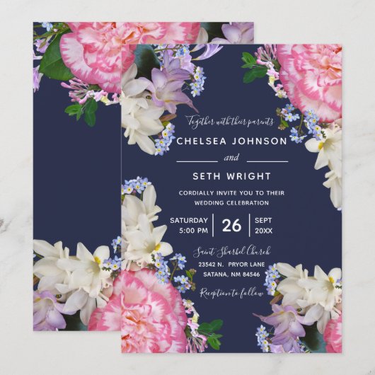Midnight Blue en Pink Spring Floral Wedding Kaart (Voorkant / Achterkant)