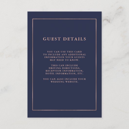Midnight Blue en Roos Gold Border Gastgegevens Informatiekaartje (Voorkant)