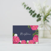 Midnight Blue en Roze Rose bruiloft - Receptie Informatiekaartje (Staand voorkant)