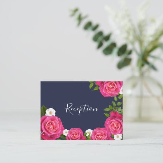 Midnight Blue en Roze Rose bruiloft - Receptie Informatiekaartje (Staand voorkant)