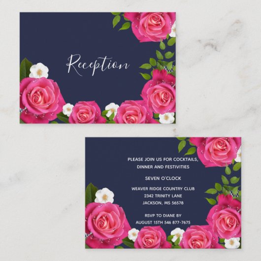 Midnight Blue en Roze Rose bruiloft - Receptie Informatiekaartje (Voorkant / Achterkant)