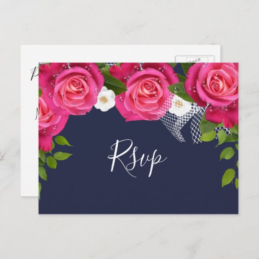 Midnight Blue en Roze Rose bruiloft - RSVP Uitnodiging Briefkaart (Voorkant / Achterkant)