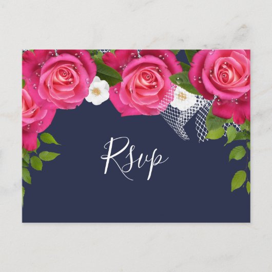 Midnight Blue en Roze Rose bruiloft - RSVP Uitnodiging Briefkaart (Voorkant)