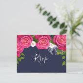 Midnight Blue en Roze Rose bruiloft - RSVP Uitnodiging Briefkaart (Staand voorkant)