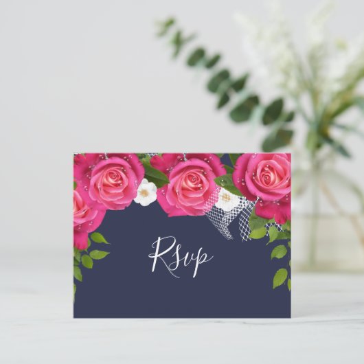 Midnight Blue en Roze Rose bruiloft - RSVP Uitnodiging Briefkaart (Staand voorkant)