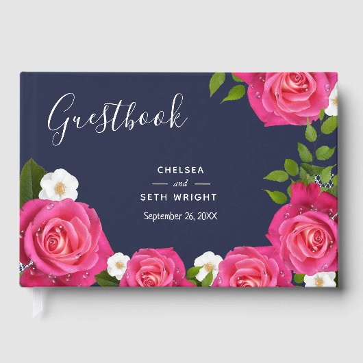Midnight Blue en roze Rose Wedding Gastenboek (Voorkant)