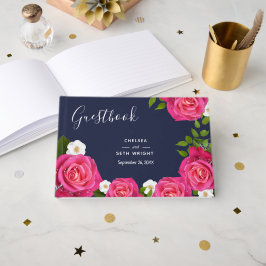 Midnight Blue en roze Rose Wedding Gastenboek