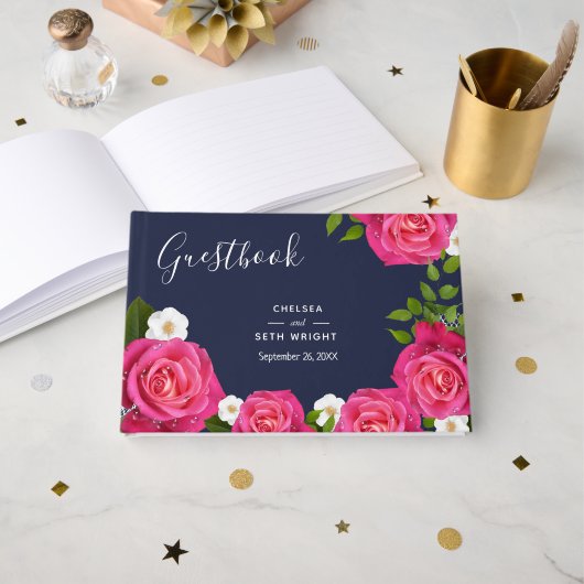 Midnight Blue en roze Rose Wedding Gastenboek (Voorkant open)